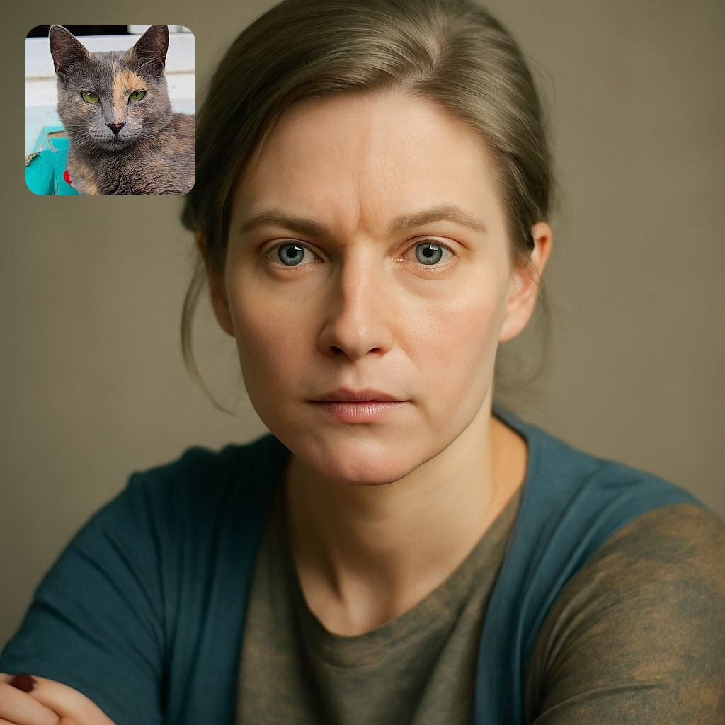 A close-up photo of a calm grey and tan cat with striking green eyes, sitting in front of a slightly blurred background with hints of turquoise and white. The cat's fur texture and facial features are captured clearly, showing its relaxed yet attentive expression.