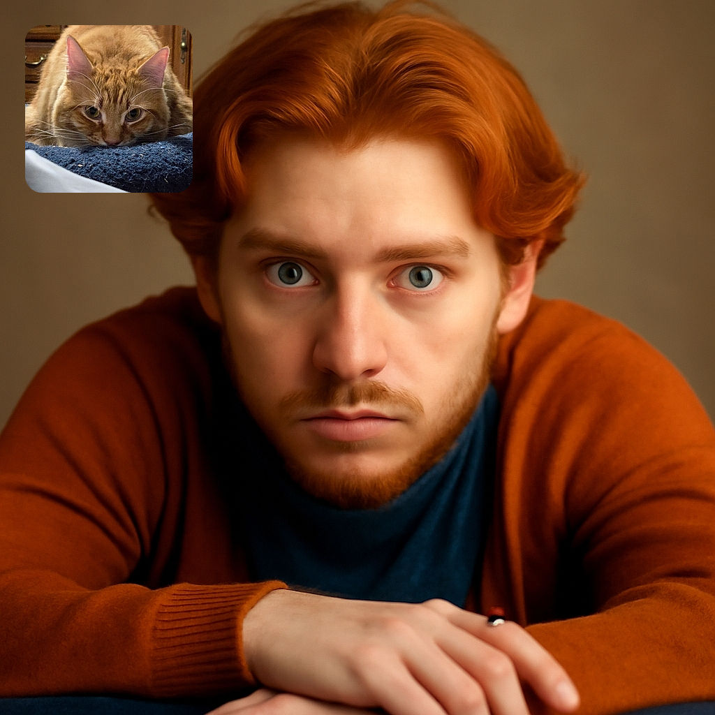 A focused close-up of a ginger cat crouched low on a dark textured surface, staring intently ahead with wide eyes, set against a cozy wooden background with drawers and a hint of colorful fabric.