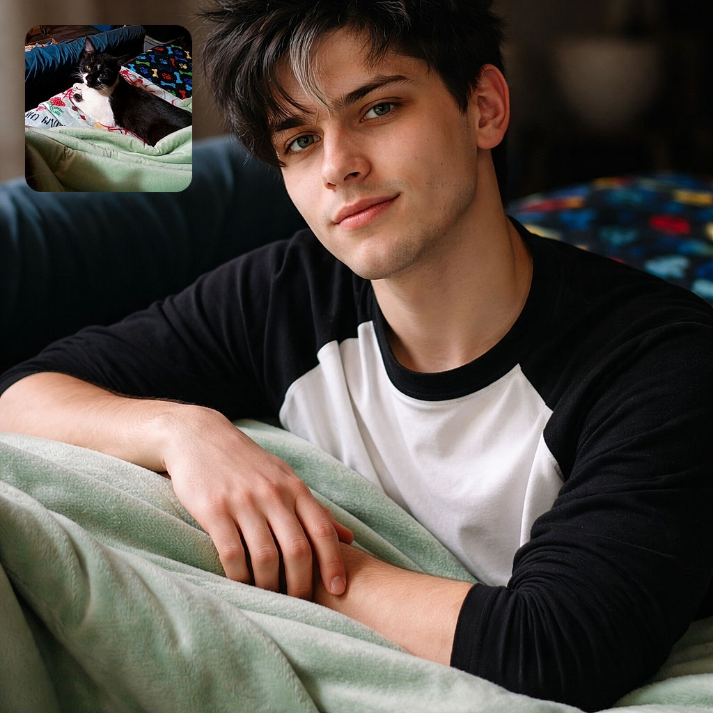 A tuxedo cat is lounging like it owns the place on colorful fleece blankets, one paw tucked in and giving a sleepy, slightly judgmental stare. Background shows a fan, storage bins and a lived-in room — cozy chaos meets distinguished feline.