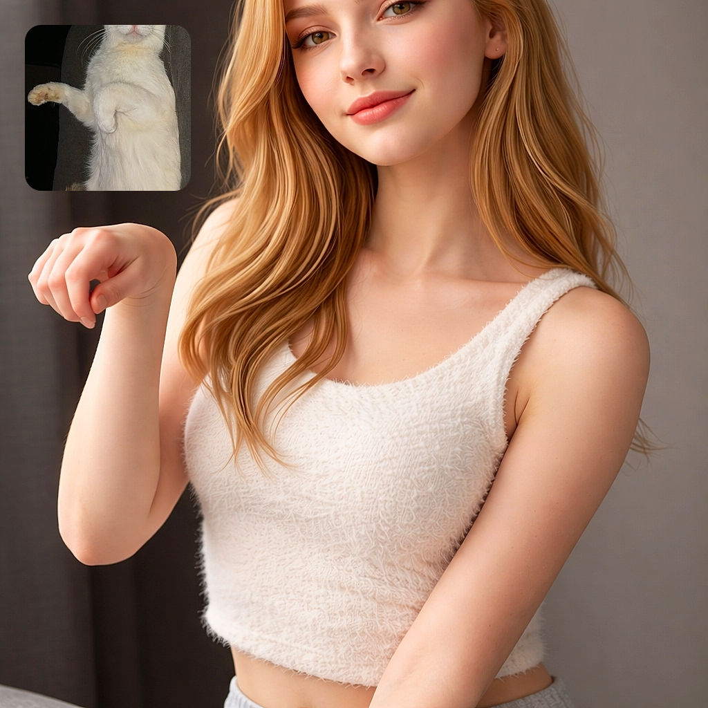 A white cat with a hint of orange on its tail is standing upright on a couch, striking a playful and slightly regal pose with one paw raised. The dark background contrasts with the cat's fur, making it the clear focus of the photo.