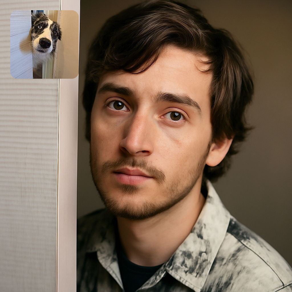 A curious dog peeks around a slightly open door, its one blue eye and one brown eye wide with innocent wonder, as if it's just discovered the secret to the universe or maybe just wants a treat.