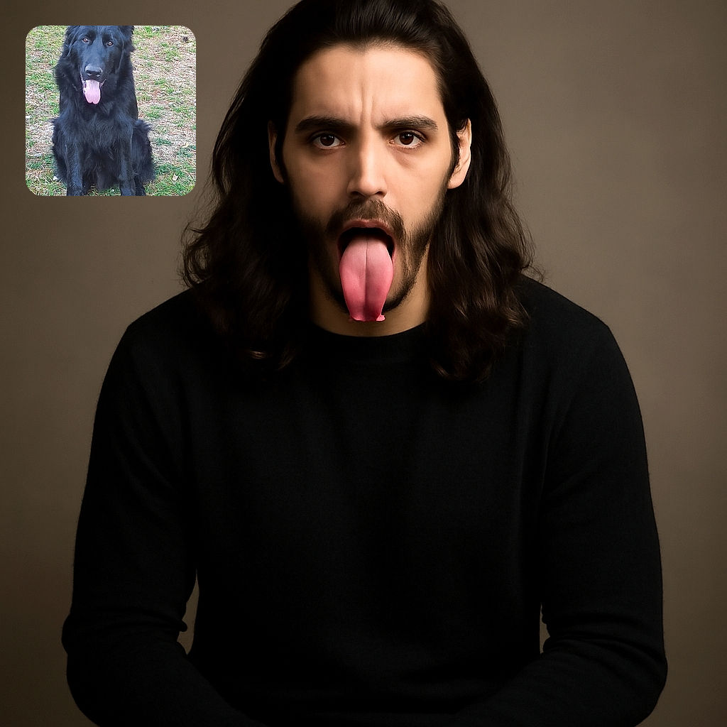A majestic black dog with fluffy fur sits patiently on a patchy grassy ground, tongue out in a playful pant, looking straight at the camera with soulful eyes.