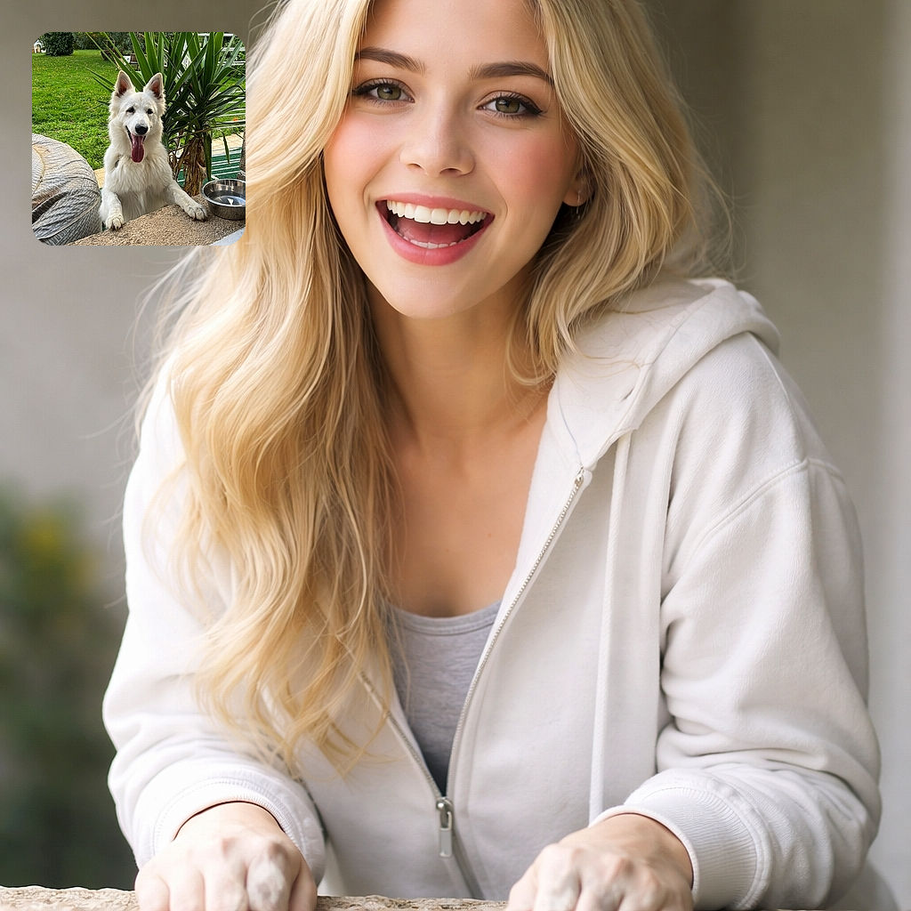 A joyful white dog pops up over a ledge with tongue lolling like it just told a great joke — lush green garden and spiky plants frame the superstar pup, a shiny water bowl to the side and a cozy backyard scene behind.