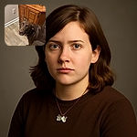 A chocolate brown dog looks up with soulful eyes beside a wooden cabinet filled with decorative jars of seashells, standing on a light wood floor in a cozy room.