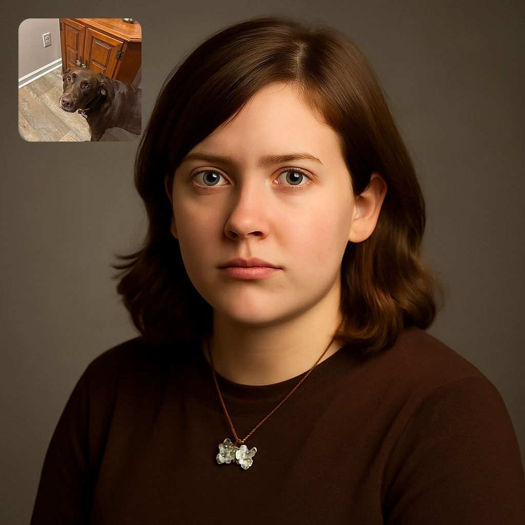 A chocolate brown dog looks up with soulful eyes beside a wooden cabinet filled with decorative jars of seashells, standing on a light wood floor in a cozy room.