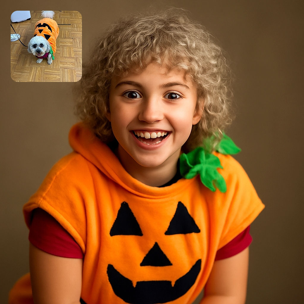 A fluffy white dog is dressed adorably in a bright orange pumpkin costume, standing on a wooden parquet floor with a happy expression and tongue out, looking ready for Halloween fun indoors.