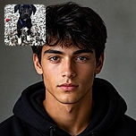 A wide-eyed black-and-white puppy sits proudly on snowy gravel, wearing a bright blue collar and looking like it has just been appointed mayor of Winterville. Snowflakes decorate its head while a red ball waits nearby for the next official game.