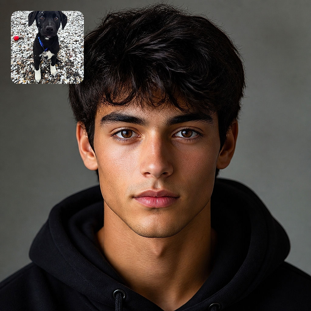A wide-eyed black-and-white puppy sits proudly on snowy gravel, wearing a bright blue collar and looking like it has just been appointed mayor of Winterville. Snowflakes decorate its head while a red ball waits nearby for the next official game.