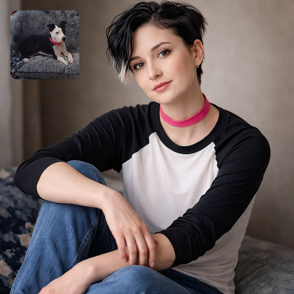 A dignified black-and-white dog in a bright pink collar lounges like the rightful ruler of this well-worn gray couch, one paw casually draped while giving a calm, slightly judgmental side-eye. The soft, textured upholstery and a floral blanket peek out beneath it, creating a cozy living-room vibe — perfect for afternoon naps and silent demand-for-treats stare-downs.