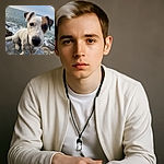 A curious dog with a white and brown face is sitting on rocks near the ocean, looking directly into the camera with an inquisitive expression. The background shows waves crashing gently and a cloudy sky, giving a peaceful seaside vibe.