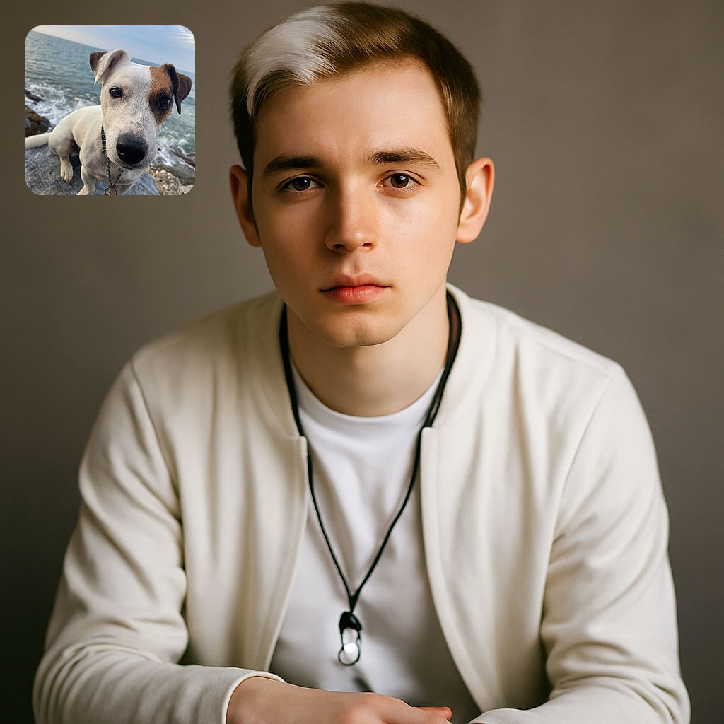 A curious dog with a white and brown face is sitting on rocks near the ocean, looking directly into the camera with an inquisitive expression. The background shows waves crashing gently and a cloudy sky, giving a peaceful seaside vibe.