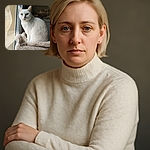 A regal white cat with striking heterochromatic eyes sits perched on a fluffy beige cat bed by the window, gazing thoughtfully outside with a calm and majestic demeanor.