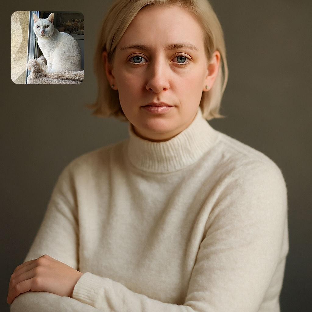 A regal white cat with striking heterochromatic eyes sits perched on a fluffy beige cat bed by the window, gazing thoughtfully outside with a calm and majestic demeanor.