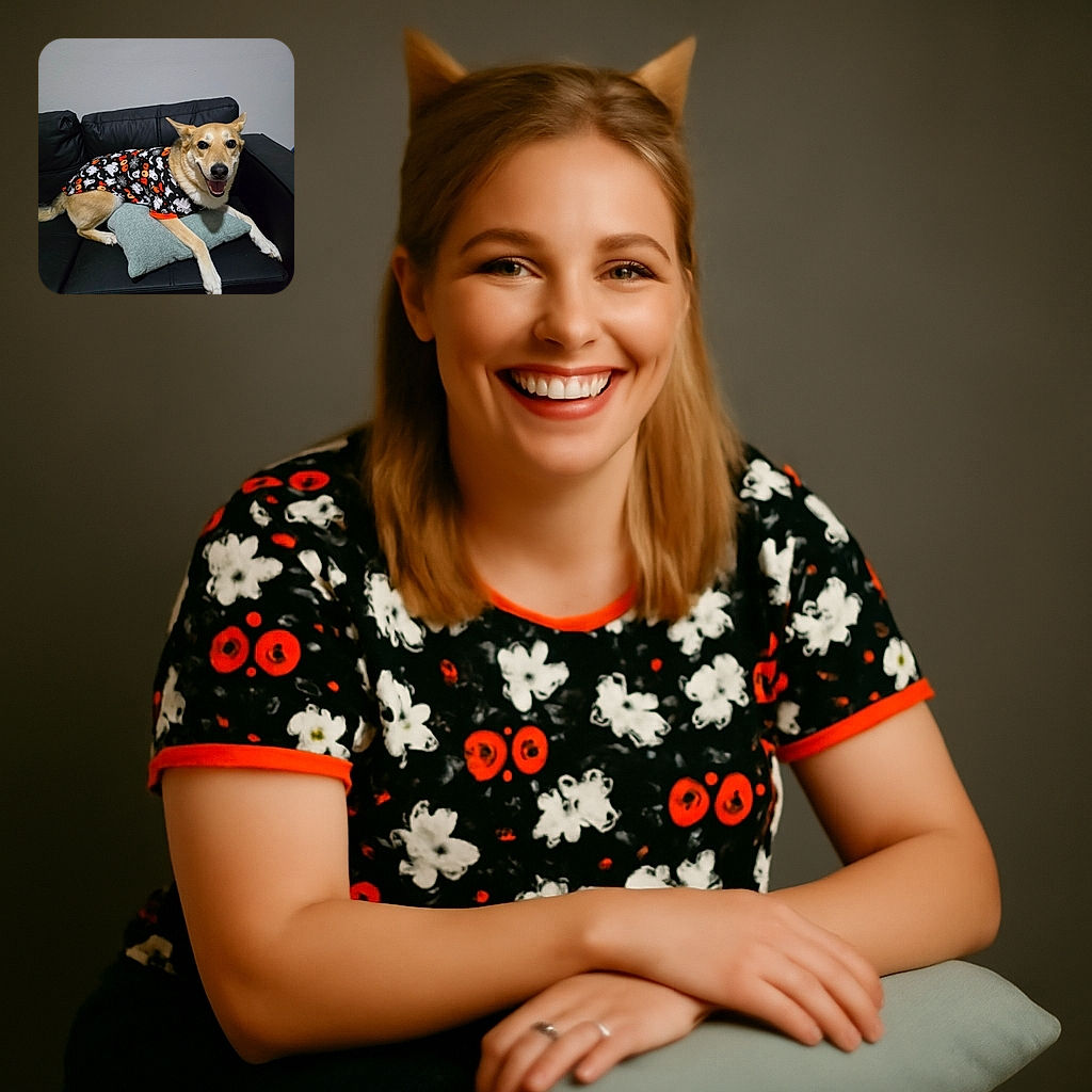 A happy dog lounges on a black leather couch, wearing a festive Halloween-themed shirt covered in ghosts and the word 'BOO'. The dog rests comfortably on a gray cushion, looking directly at the camera with a big, joyful smile, creating a cozy and cheerful atmosphere.