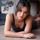 A soulful dog lounges on a textured concrete floor, eyes full of stories and a collar adding a touch of charm, set against a rustic backdrop with a wooden table and a hint of a broom in the distance.