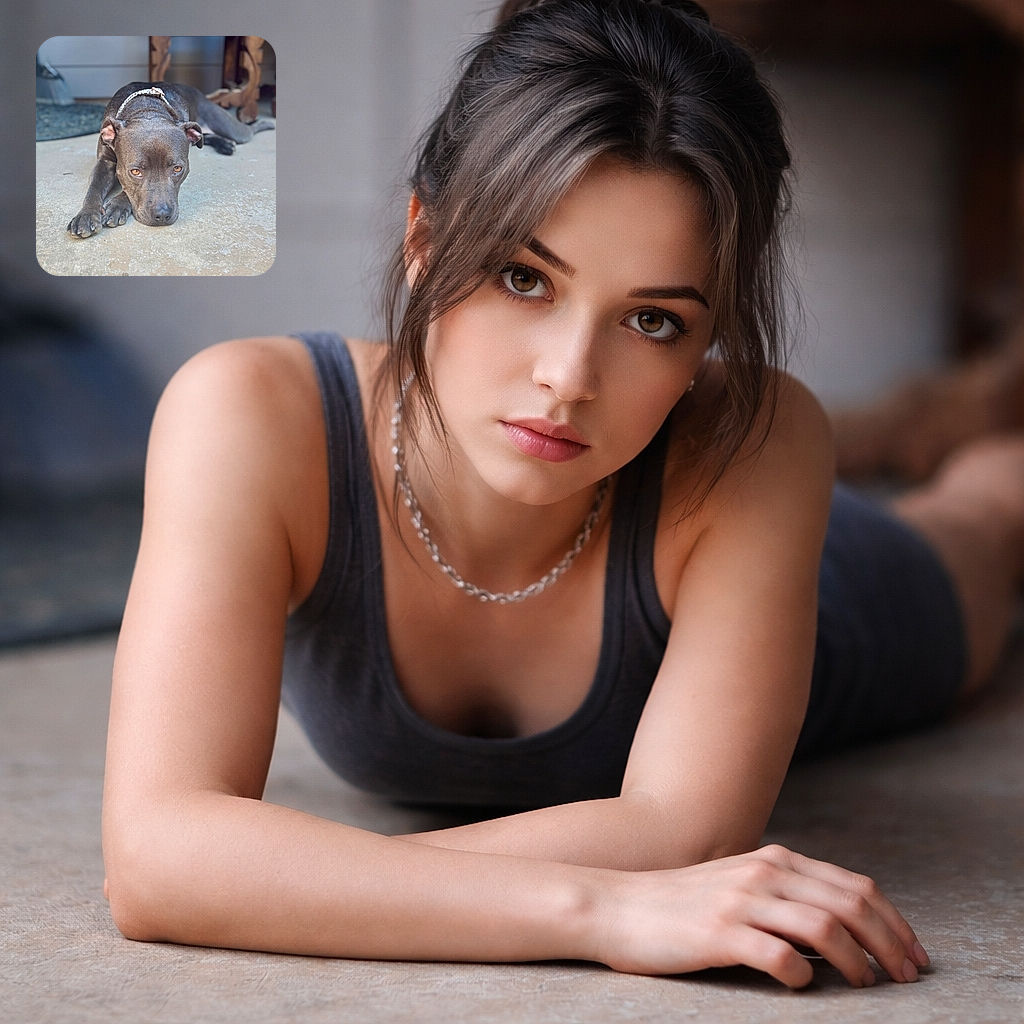 A soulful dog lounges on a textured concrete floor, eyes full of stories and a collar adding a touch of charm, set against a rustic backdrop with a wooden table and a hint of a broom in the distance.