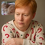 A fluffy orange cat is curled up on a cozy bed with festive holiday-themed bedding, looking contemplative or maybe just plotting its next nap.