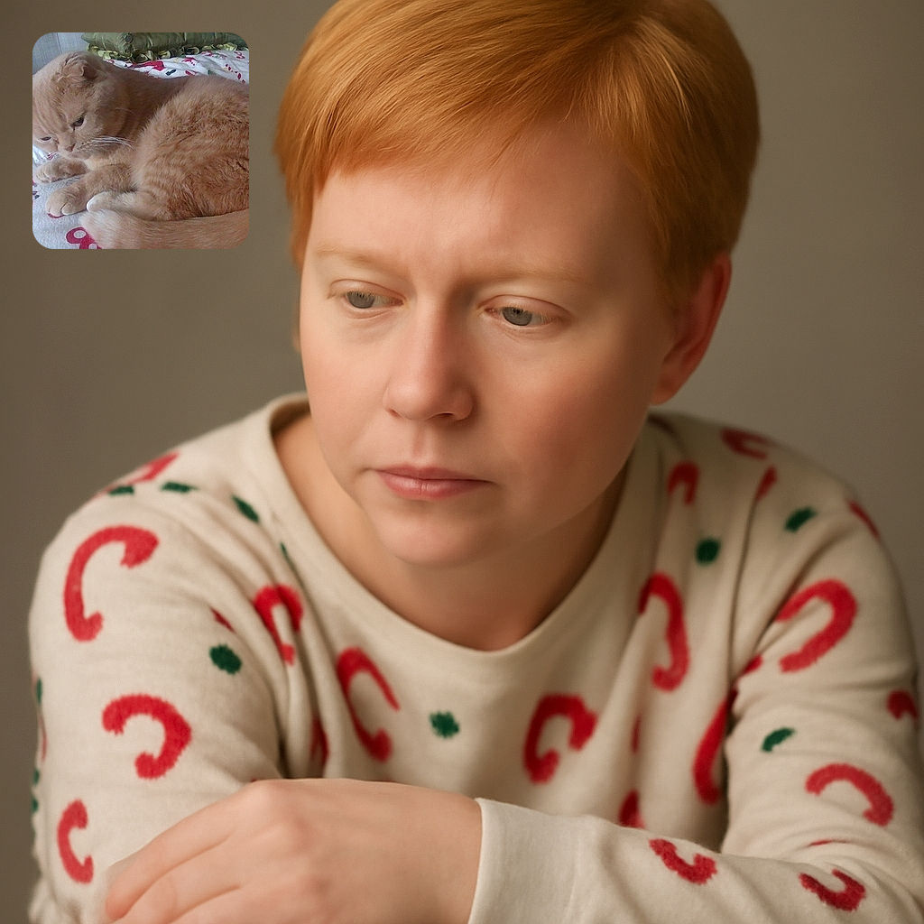 A fluffy orange cat is curled up on a cozy bed with festive holiday-themed bedding, looking contemplative or maybe just plotting its next nap.