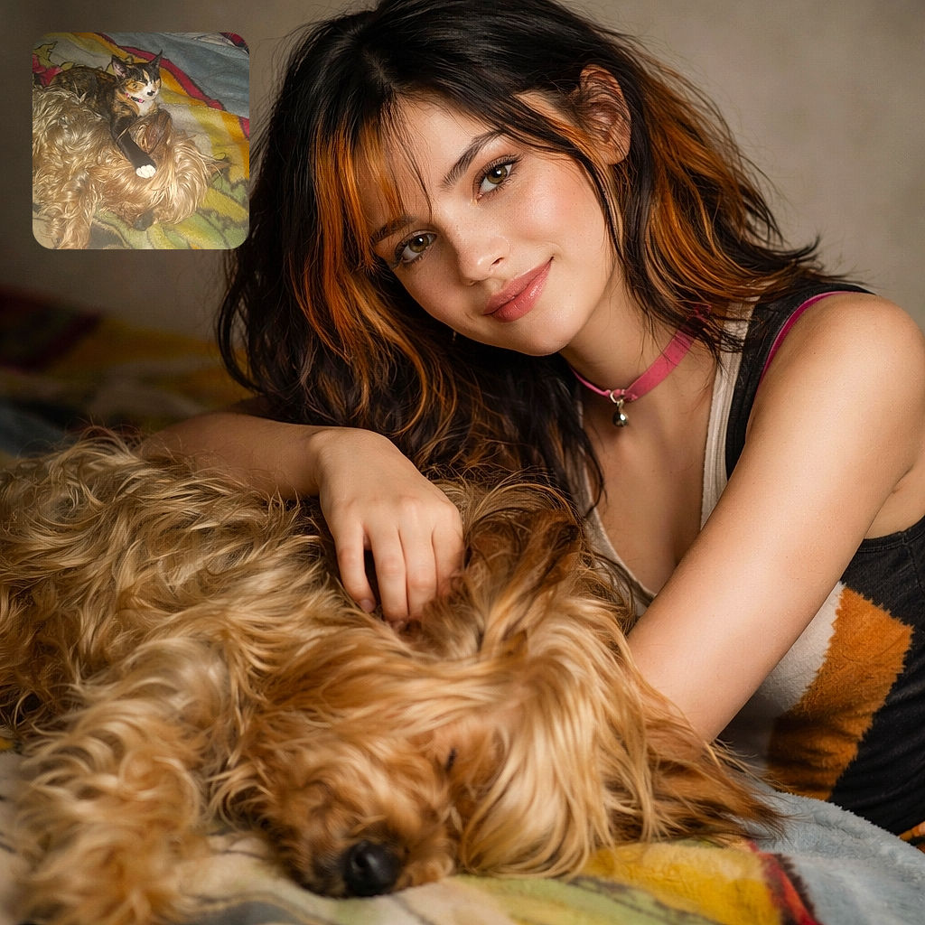 A bossy calico has officially claimed the snoozing terrier as a personal footrest — tiny paw draped like a royal decree on the dog's head, both curled up on a colorful blanket with flash-highlighted fur.