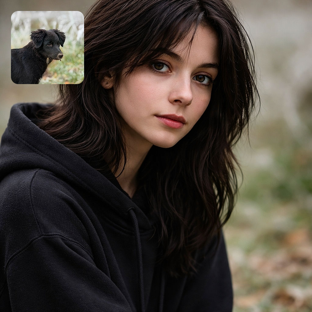 A fluffy black dog with a slightly muddy snout looks off to the side in a soft-focus outdoor setting, capturing a moment of curious innocence in nature.