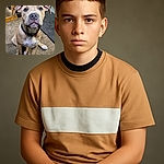A close-up photo of an adorable tan and white puppy with soulful eyes and floppy ears sitting on a carpeted floor, looking curiously at the camera with a black collar around its neck. The background shows a mirror and some household items, adding a cozy indoor vibe.