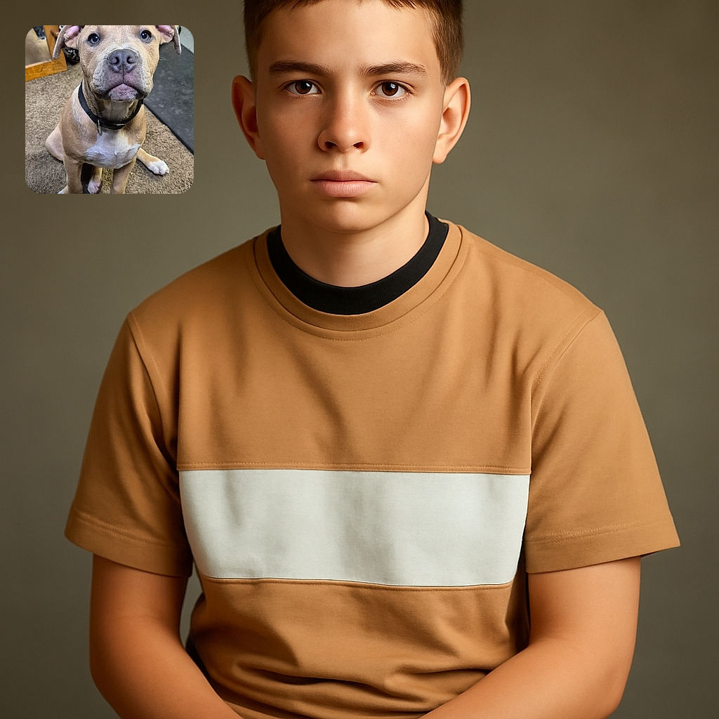 A close-up photo of an adorable tan and white puppy with soulful eyes and floppy ears sitting on a carpeted floor, looking curiously at the camera with a black collar around its neck. The background shows a mirror and some household items, adding a cozy indoor vibe.