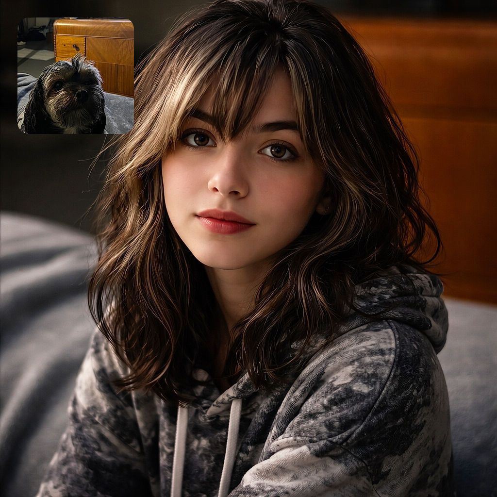 A sleepy little pup lounges on a blanket in dim, cozy lighting while a tiny plush chicken watches from atop a wooden dresser — cinematic shadows, tousled fur, and an expression that says "five more minutes."