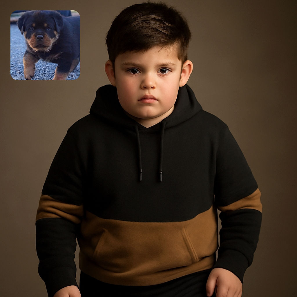 A close-up photo of an adorable Rottweiler puppy walking on a gravel surface, looking straight at the camera with a curious and slightly serious expression. The background is blurred, focusing attention on the puppy's fluffy fur and cute paws.
