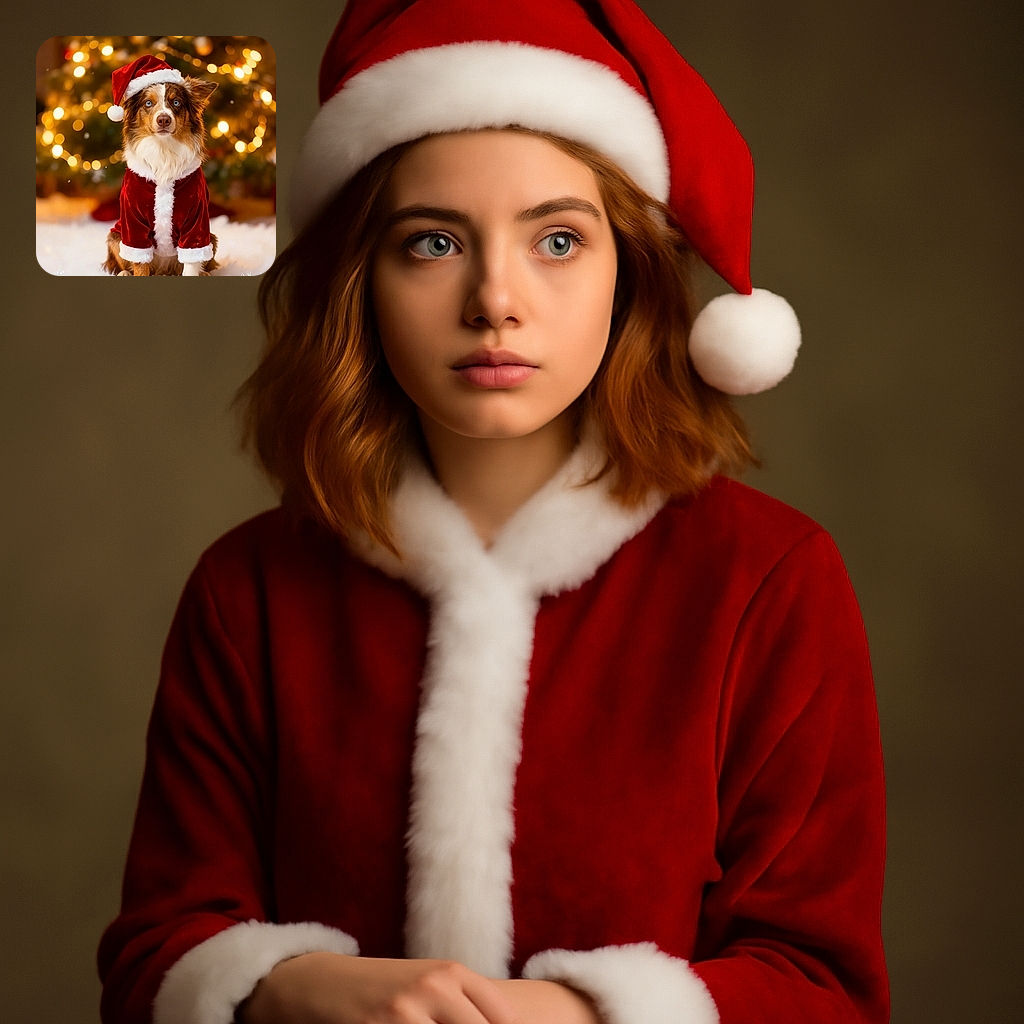 A festive dog dressed in a Santa Claus outfit sits patiently on a fluffy white surface resembling snow, with a beautifully lit Christmas tree blurred in the background, creating a warm and cozy holiday atmosphere.