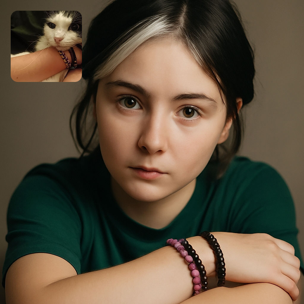 A close-up shot of a black and white cat nestled comfortably against a person's arm adorned with colorful woven bracelets, capturing the tender moment of feline affection and human companionship.
