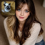 A fluffy blue-eyed cat looks up with the kind of intense curiosity that demands snacks and compliments — whiskers on full display, ears pricked, standing heroically on a hardwood floor like a tiny furred monarch.