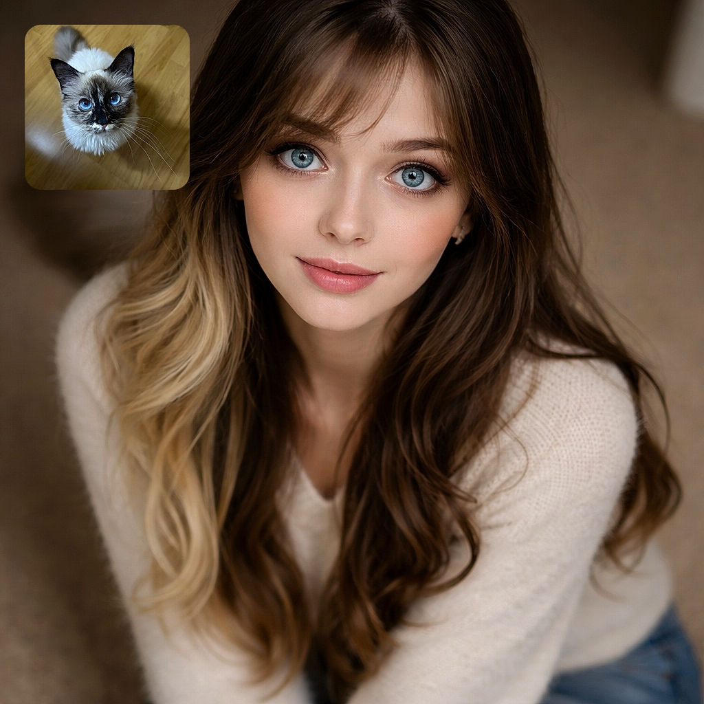 A fluffy blue-eyed cat looks up with the kind of intense curiosity that demands snacks and compliments — whiskers on full display, ears pricked, standing heroically on a hardwood floor like a tiny furred monarch.