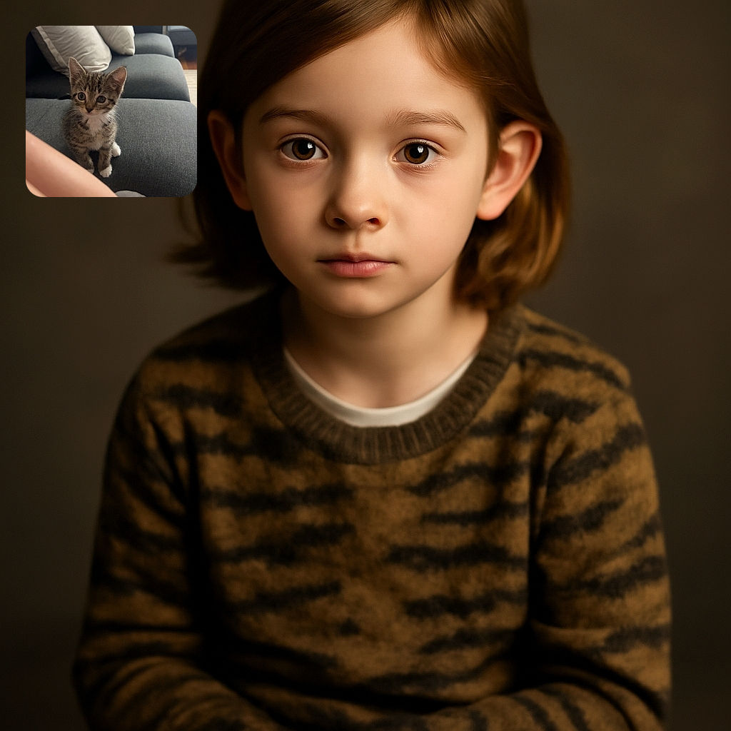 A tiny tabby kitten with big curious eyes sits on a gray couch, looking intently at something off-camera. The background shows cozy pillows and a softly lit living room, while a person's legs and socked foot are visible in the foreground, adding a casual homey vibe.