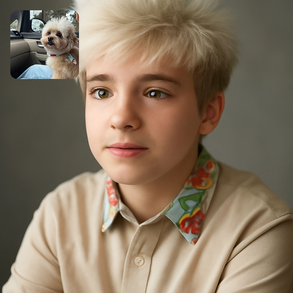 A fluffy, cream-colored dog with a cute, slightly tousled hairstyle sits on a person's lap inside a car, wearing a colorful blue bandana with a donut pattern. The dog's expressive eyes look off to the side, capturing a moment of quiet curiosity or anticipation. The car interior is softly lit with a window view of trees and cloudy sky in the background.