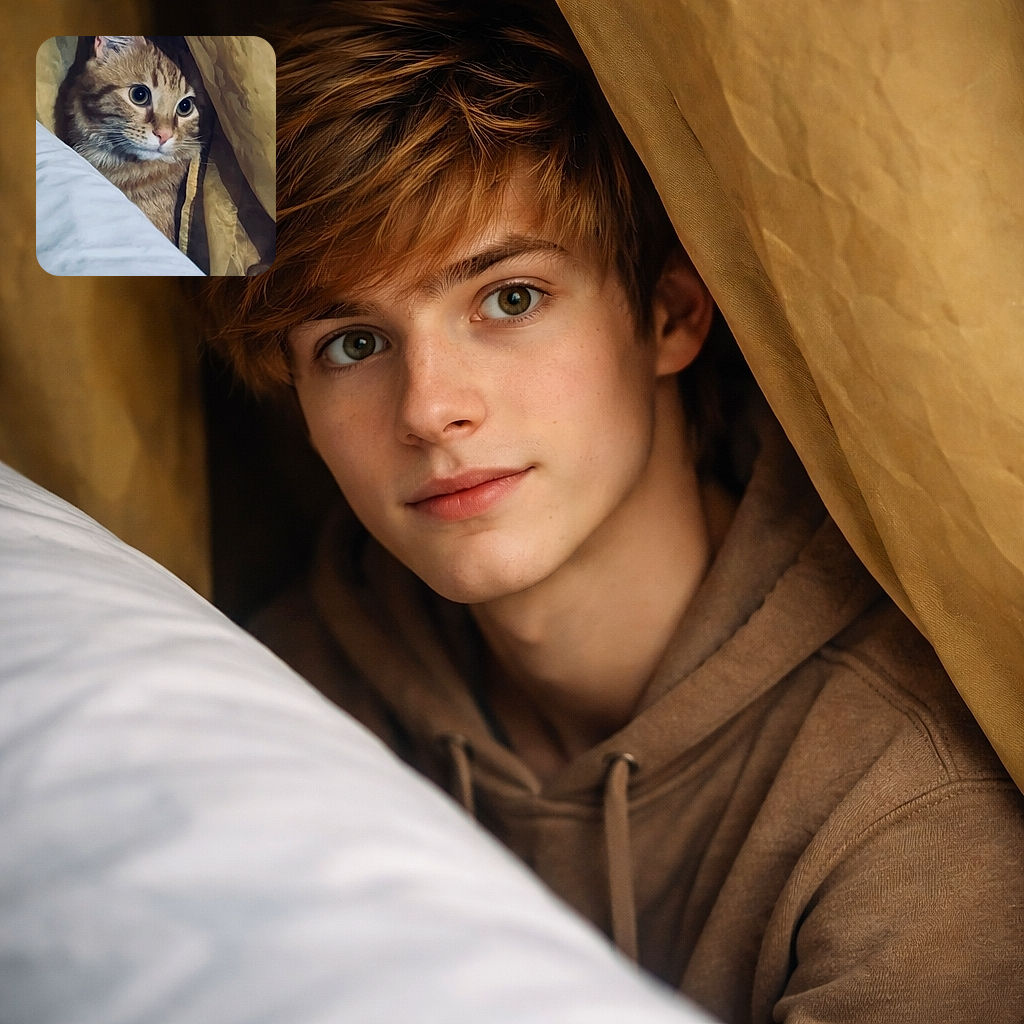 A curious tabby cat peeks out from behind golden curtains, eyes wide and alert, as if plotting a grand adventure while snuggled in a cozy indoor nook.