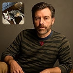 A curious tabby cat with bright green eyes lounges comfortably on a dark wooden coffee table, its striped fur contrasting nicely with the table's polished surface. The cozy living room setting features a blue corduroy couch and tiled floor, creating a warm and inviting atmosphere.