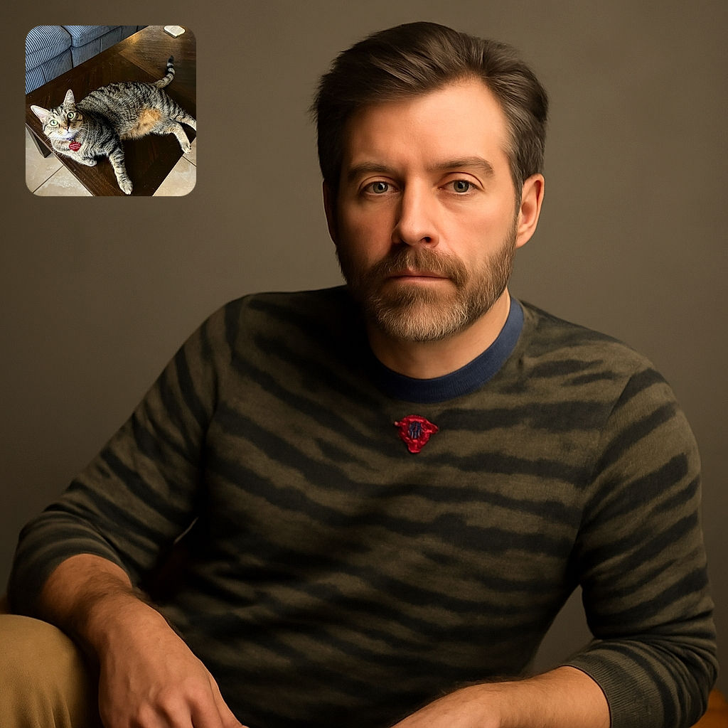 A curious tabby cat with bright green eyes lounges comfortably on a dark wooden coffee table, its striped fur contrasting nicely with the table's polished surface. The cozy living room setting features a blue corduroy couch and tiled floor, creating a warm and inviting atmosphere.