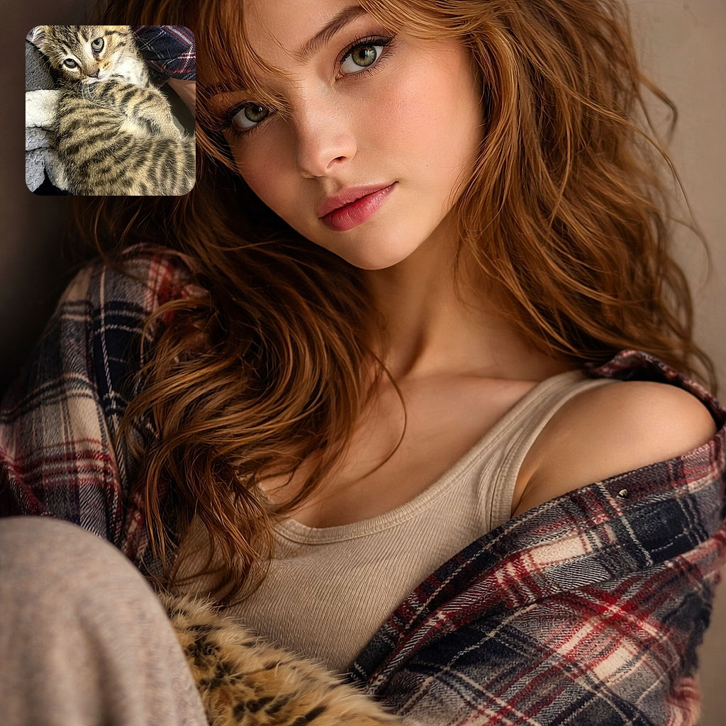 A cozy close-up of a fluffy tabby kitten with expressive eyes, nestled comfortably on soft blankets and a plaid fabric background, radiating pure cuteness and warmth.