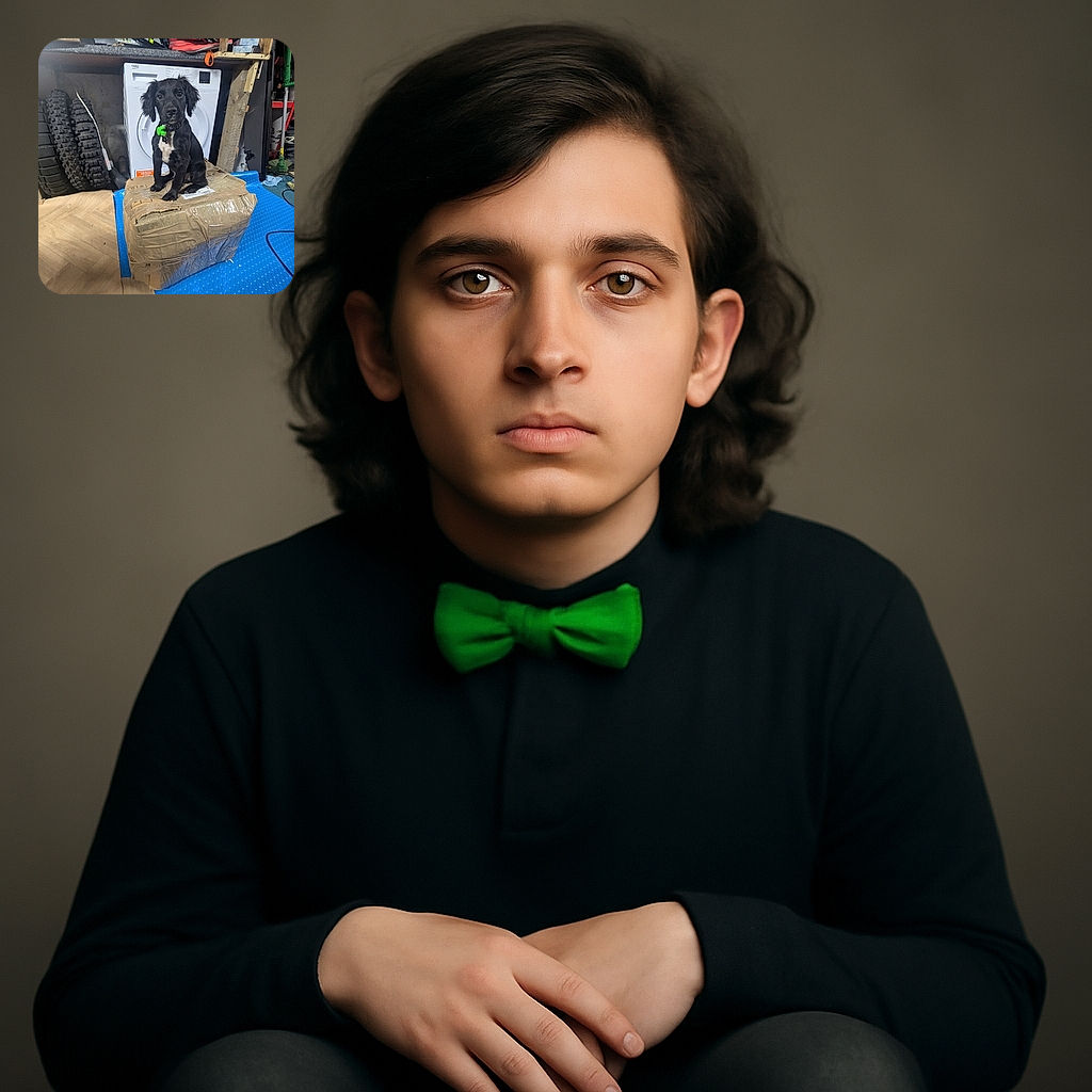 A curious black puppy with a green tag sits atop a large, taped-up cardboard box in a cluttered garage or workshop filled with tires, tools, and various equipment, looking directly at the camera with innocent eyes.