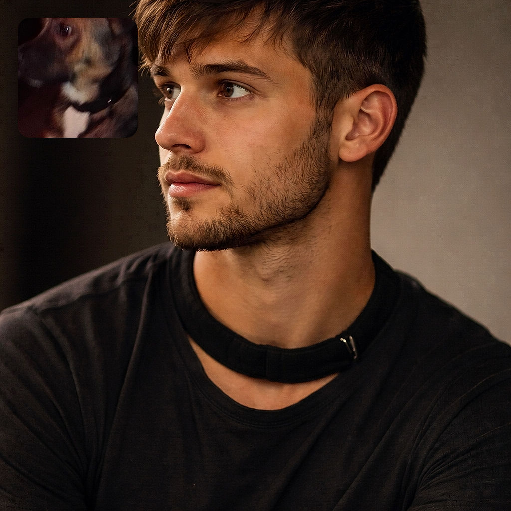 A comically blurry close-up of a dog — one wide, reflective eye and a smooshed snout captured mid-move, collar visible; looks like the dog photobombed the camera with enthusiasm. The motion blur gives it an unintentionally artsy, sleepy-dog vibe.