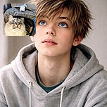 A fluffy, wide-eyed cat with mesmerizing blue eyes peeks out from a cozy gray carrier, looking like it's ready for an adventure or plotting world domination with its intense stare.