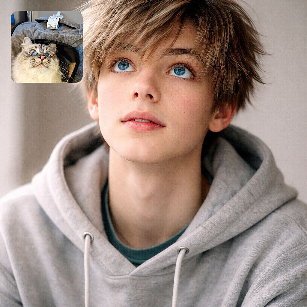A fluffy, wide-eyed cat with mesmerizing blue eyes peeks out from a cozy gray carrier, looking like it's ready for an adventure or plotting world domination with its intense stare.