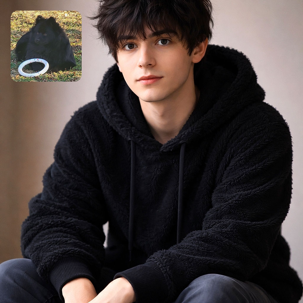 A fluffy black dog lounges in the grass like a tiny, suspicious shadow, guarding its white frisbee ring and pondering whether to chase or nap — dramatic ears, soulful eyes, and maximum fluffiness.