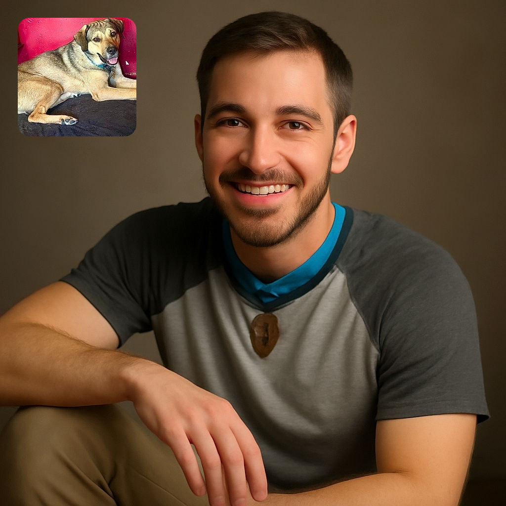 A happy dog lounges comfortably on a dark blanket against a textured red wall, looking at the camera with a joyful expression and tongue out, showcasing a relaxed and friendly vibe.
