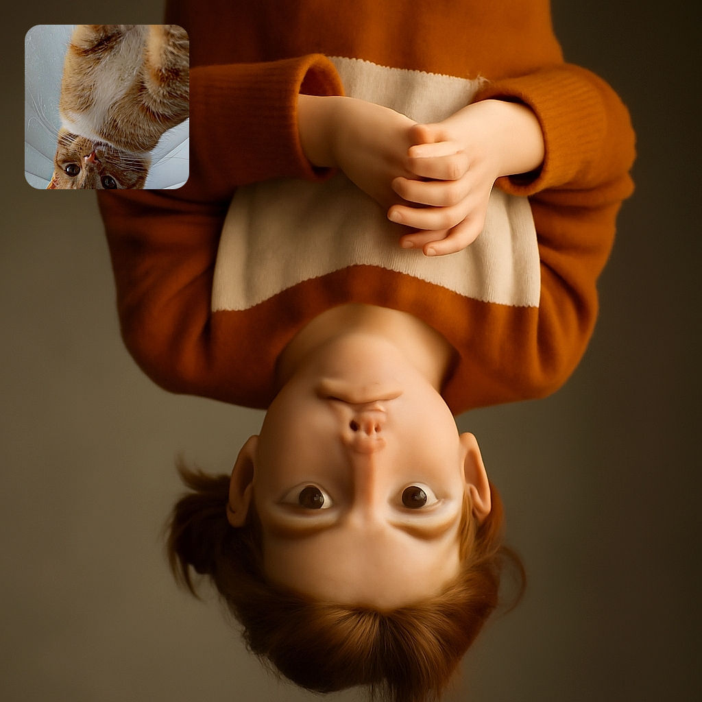 An adorable close-up of a curious orange tabby cat looking upside down at the camera with big, shiny eyes, whiskers twitching, and soft fur details visible against a backdrop of window blinds and a wall.
