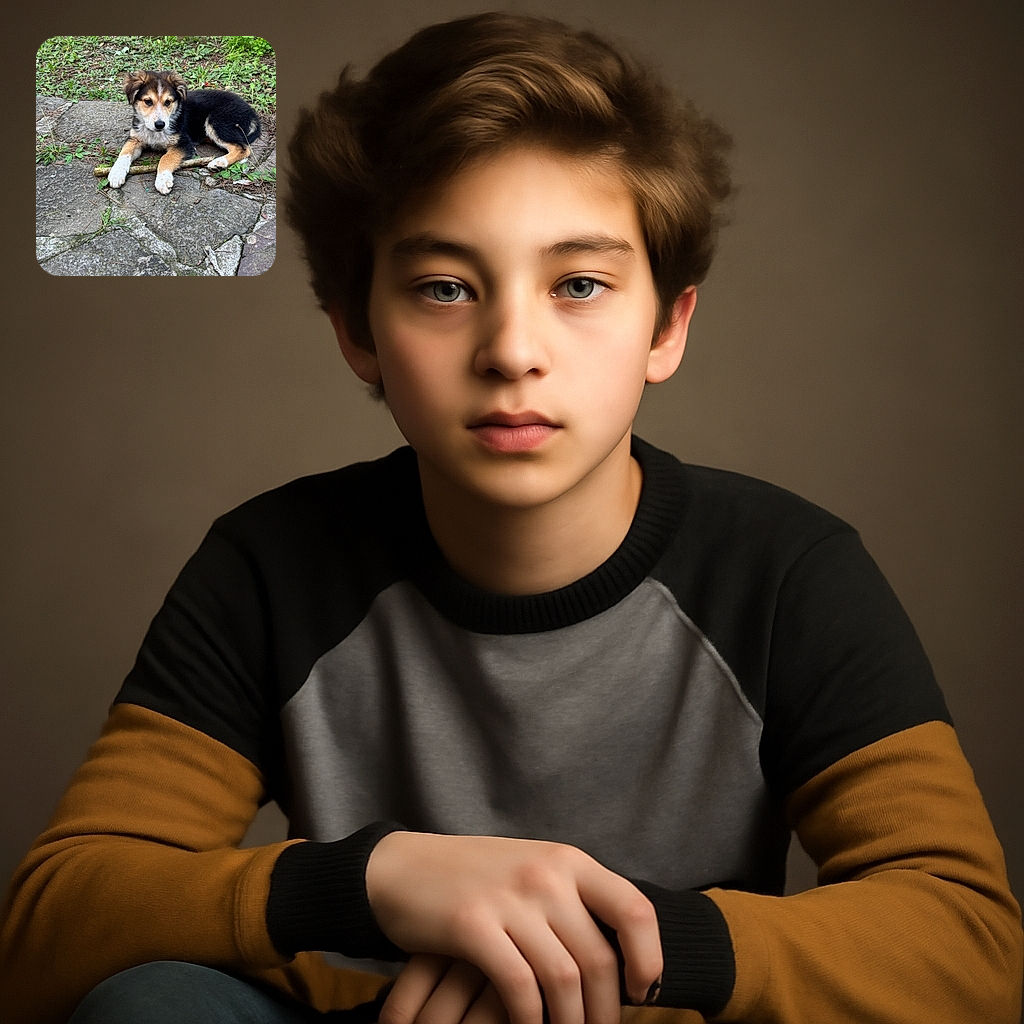 A fluffy puppy lounges on a stone-paved ground, gripping a stick like it's the ultimate treasure. The green garden backdrop adds a natural charm while the pup's curious eyes and soft fur invite endless cuddles.