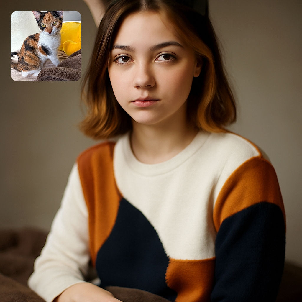 A curious calico kitten sits attentively on a soft surface, surrounded by cozy blankets and a bright yellow plush toy, looking ready to pounce or pose for the camera with its big, expressive eyes.