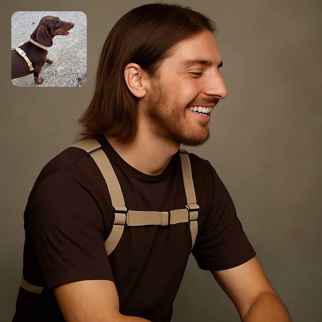 A happy dachshund dog with a beige harness is standing on a rough concrete surface, looking to the right with its tongue slightly out, appearing curious and content.