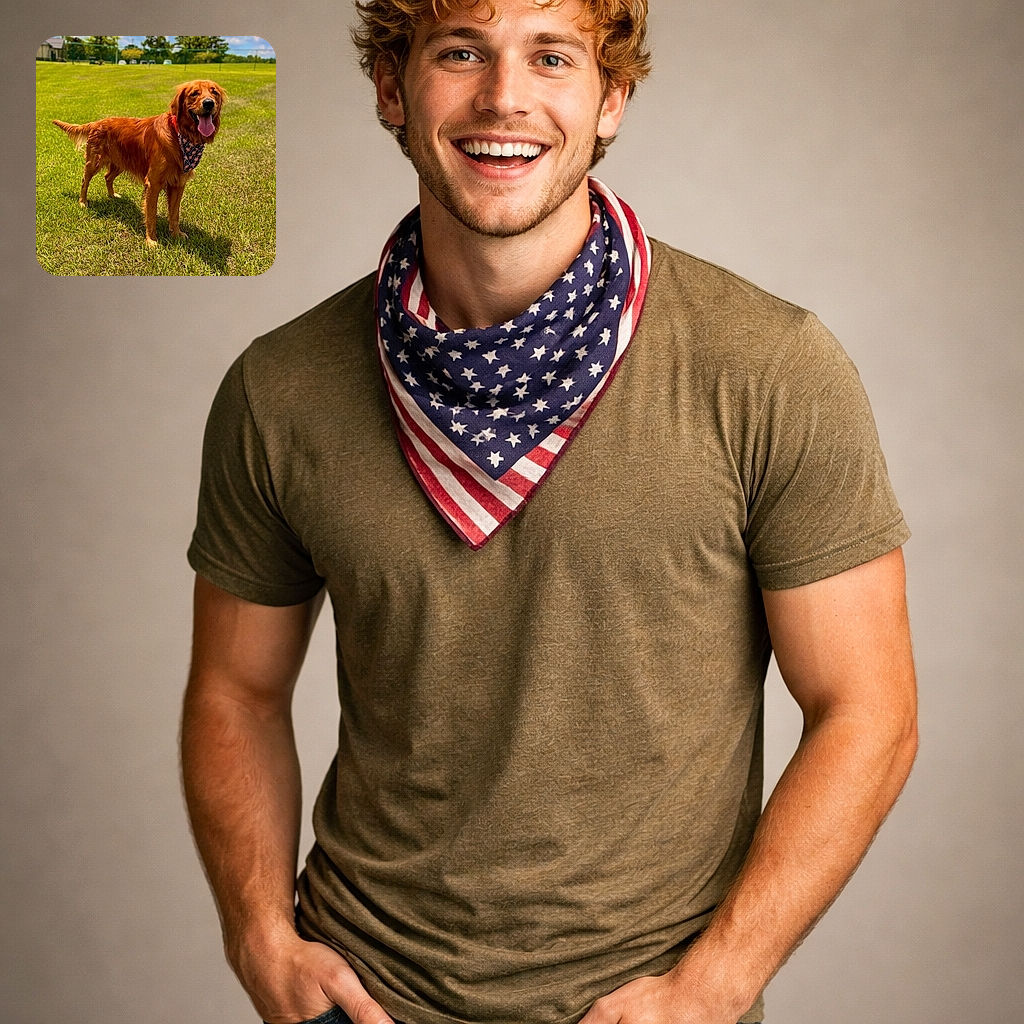 A happy golden retriever wearing a colorful bandana stands proudly on a sunny green field with a bright blue sky and fluffy clouds in the background, tongue out and ready for fun.
