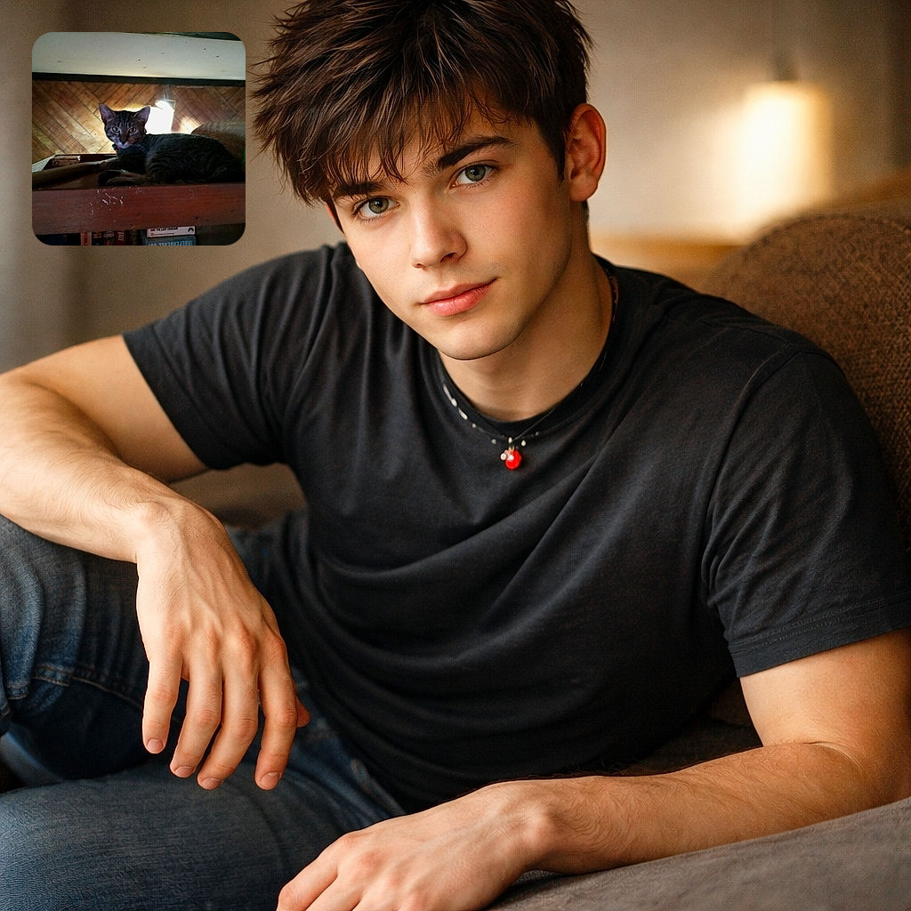 A curious tabby perched like a tiny shelf supervisor, backlit by a lamp that gives it a dramatic halo — staring straight at the camera with ears alert and whiskers on full display, on a wooden top-shelf with boxes and books below.